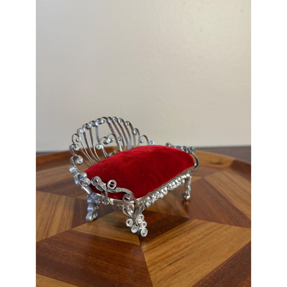 Vintage Miniature Red Velvet Silver Filigree Sofa Trinket Box Jewelry Display